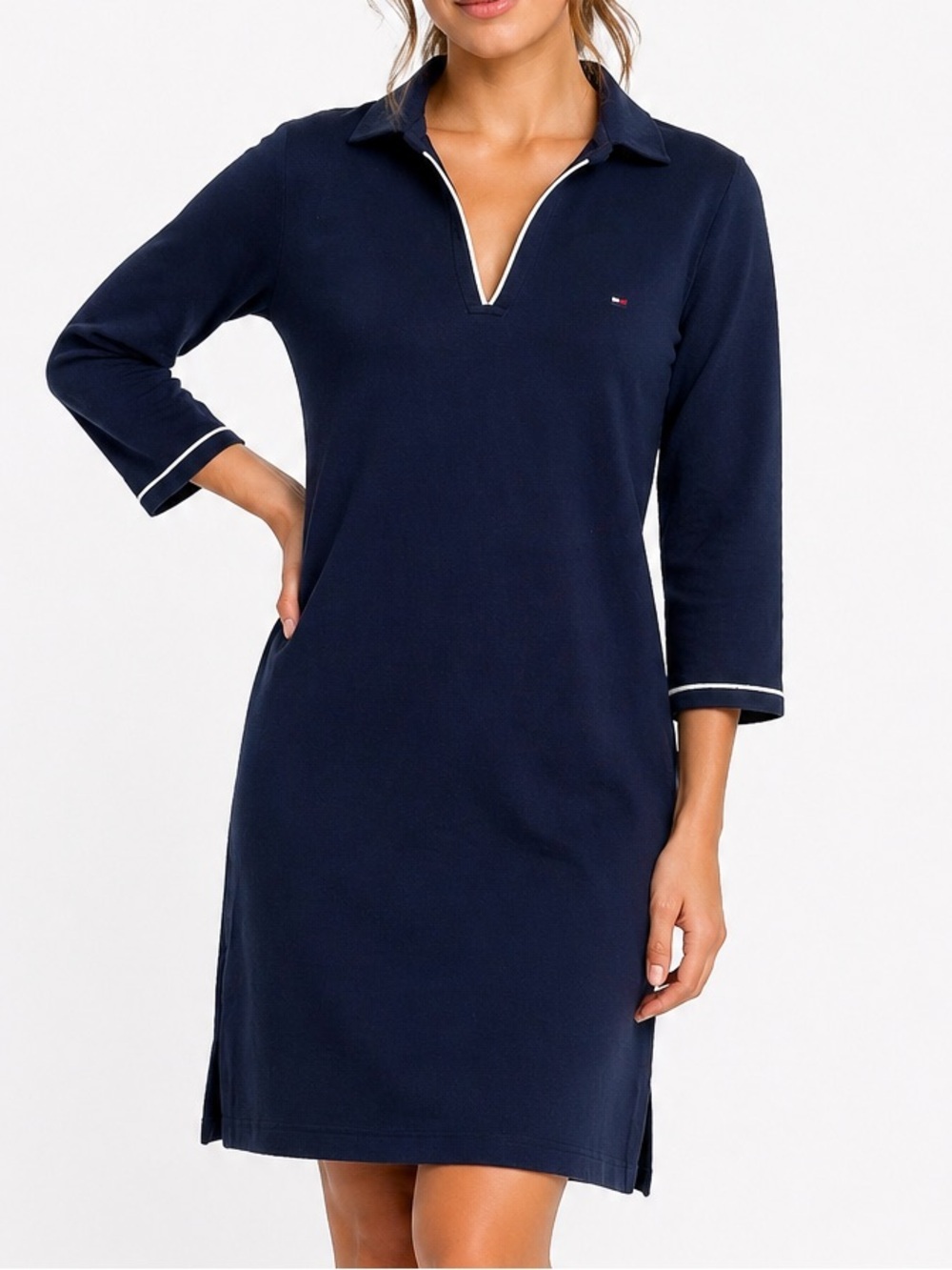 Tommy Hilfiger V-Neck 3/4 Sleeve Navy Blue Knee Length Dress XS Preppy Classic